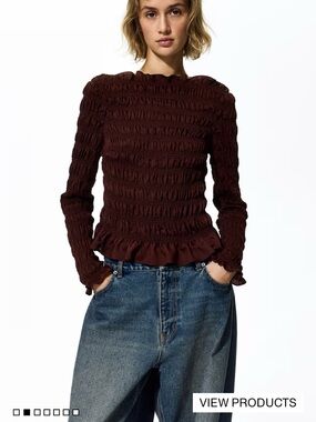 H&M Smocked Long-Sleeve Peplum Blouse in Deep Brown